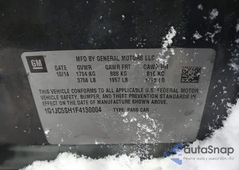 2015 Chevrolet Sonic Lt Auto z USA, uszkodzony, nr VIN 1G1JC5SH1F4130004